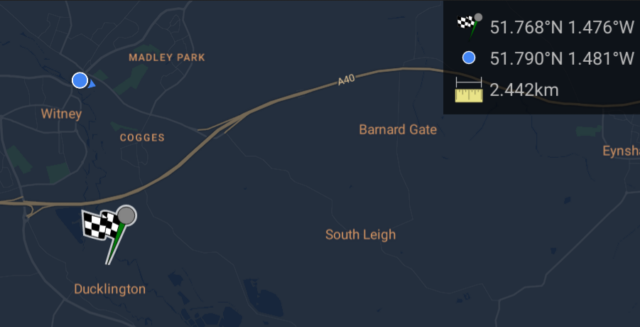 Map showing my location on Witney and a pin 2.5km away in a field outside Ducklington. Geohashpoint for tomorrow.