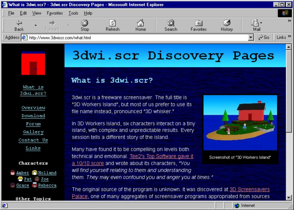 Fake screenshot of Internet Explorer 6 showing 3dwiscr.com/what.html, a web page about a freeware screensaver.