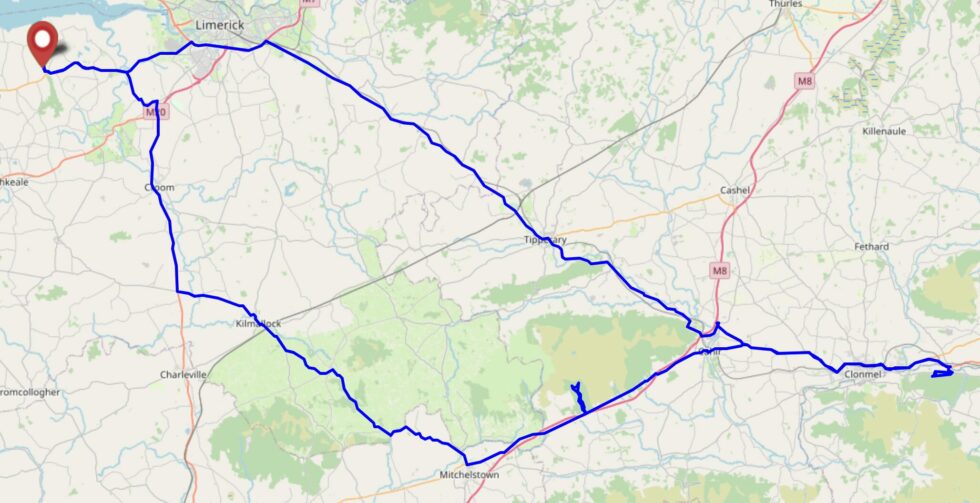 Map showing a journey from West of Limerick to the hashpoint and then back via a more-Southerly route.