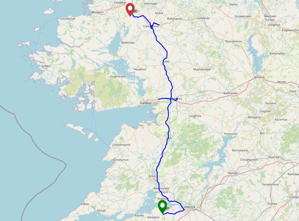 Map showing a journey up the West coast of Ireland.