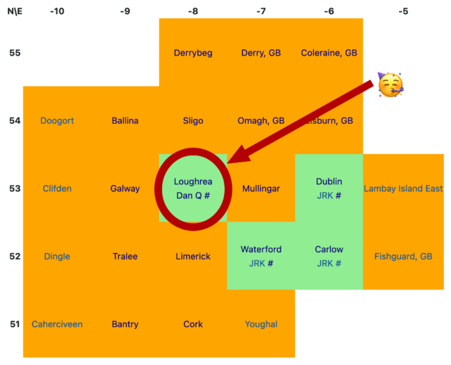 Abstract map of the Republic of Ireland, represented as coloured graticules (square degrees of latitude and longitude) and highlighted based on whether they have seen successful geohashing expeditions. The Dublin, Carlow and Waterford graticules were so-'unlocked' by 'JRK', and the Loughrea graticule was unlocked by Dan Q, which is further highlighted by a 'celebrating face' emoji.