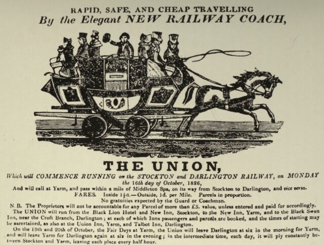 Advertisement for "Rapid, Safe, and Cheap Travelling by the Elegant New Railway Coach" of the Stockton & Darlington Railway, opening "Monday the 16th day of October, 1826", showing a woodcut picture of a rail coach being pulled by a galloping horse.