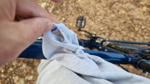 Grey shorts with a hole in the pocket.