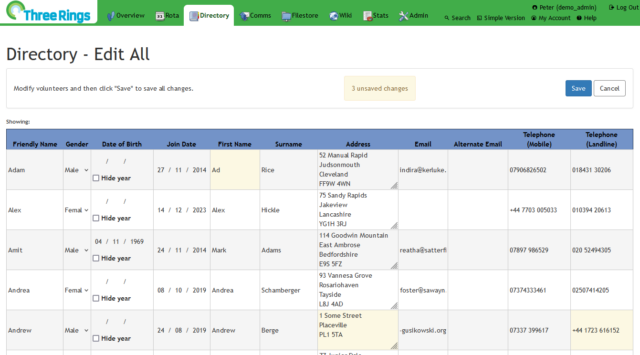 Screenshot showing a web page, 'Three Rings Directory - Edit All': a spreadsheet-like view of multiple volunteers, some of whom have had personal details like First Name, Address, or Telephone changed, resulting in these being highlighted and a prompt appearing to allow the changes to be saved/committed.