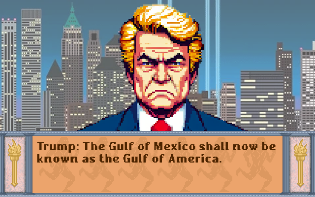 Portrait of Donald Trump in the style of the DOS version of 1991 strategy video game Sid Meier's Civilization, saying: "The Gulf of Mexico shall now be known as the Gulf of America."