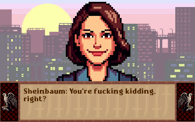 Pixel art portrait of Claudia Sheinbaum in Civilization-style, against a background reminiscent of Mexico City, saying: "You're fucking kidding, right?"