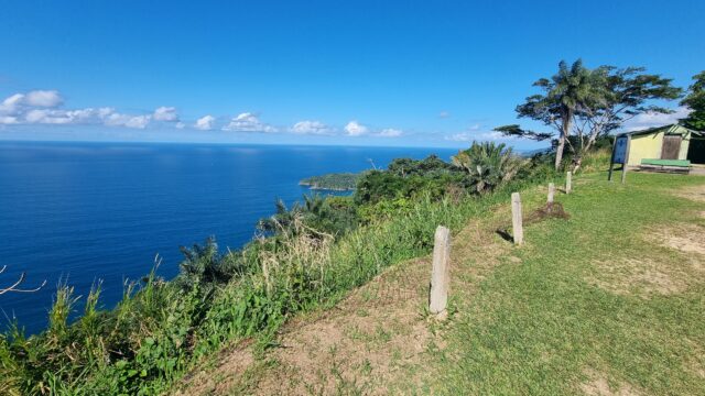 Tropical cliff view to a bright blue ocean far below.