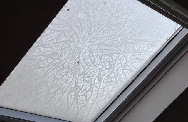 Skylight window viewed from the inside. The outside has a layer of ice punctuated by thinner patches of whirling, seaweed-like patterns that crisscross around it as if formed by a living thing.