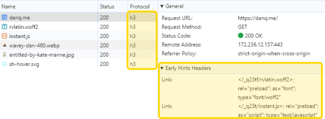 Browser network debugger showing danq.me being served over protocol 'h3' (HTTP/3) and an 'Early Hints Headers' section loading a WOFF2 font and a JavaScript file.