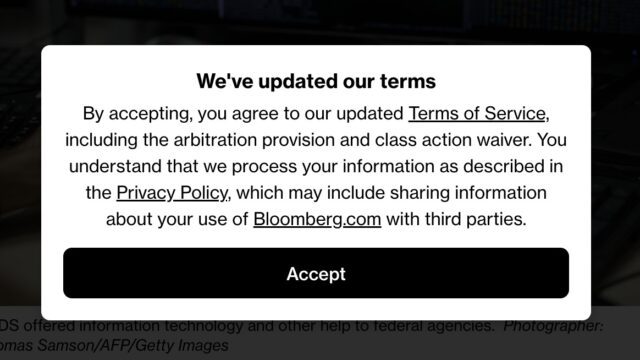 A pop-up notification indicating that the terms have been updated. The message states that by accepting, users agree to the updated Terms of Service, which includes an arbitration provision and class action waiver. It also mentions the processing of user information as described in the Privacy Policy, including potential sharing with third parties about the use of Bloomberg.com. A button labeled "Accept" is provided for users to acknowledge the terms.