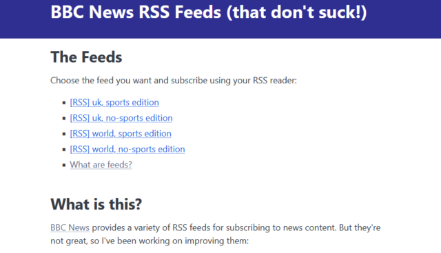 Screenshot of BBC News RSS Feeds (that don't suck!).