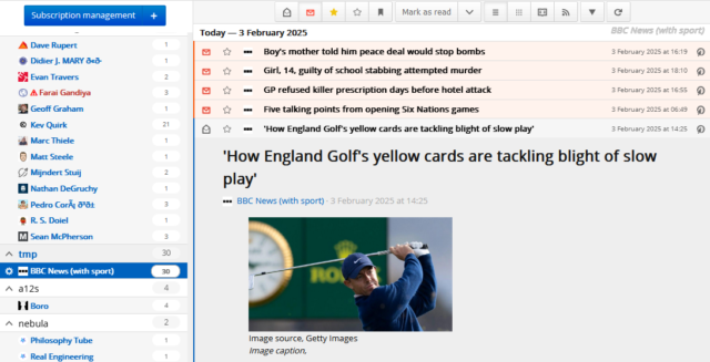 FreshRSS screenshot with many unread items, but focussing on a feed called "BBC News (with sport)" and showing a story titled: 'How England Golf's yellow cards are tackling blight of slow play'