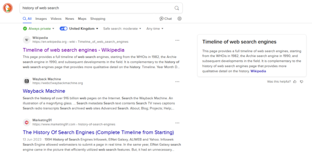 DuckDuckGo search for 'history of web search', showing 'Timeline of web search engines - Wikipedia' as the top result.