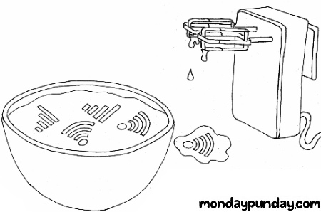 Monday Punday comic #179, featuring a handheld electric whisk alongside a bowl of batter, in which model phone icons used to represent the strength of a wireless connection appear.