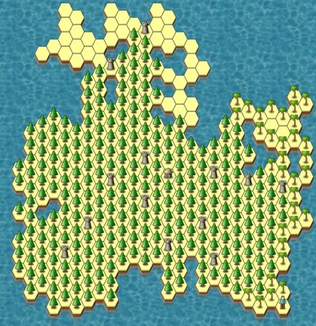 Hex-based videogame board, entirely owned by the yellow player, but with only a single solitary soldier standing alone. The rest of the island is heavily forested in pine and, along one coast, palm trees, with the exception of the far North beyond a line of castles.