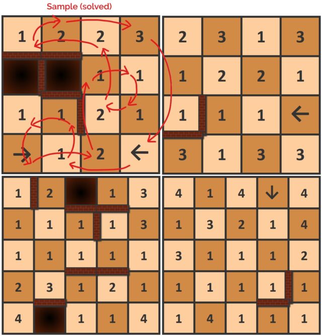 Four sample puzzles, one of them solved.