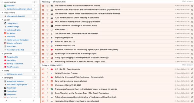 FreshRSS screenshot showing a variety of feeds categorised as Communities, Distractions, Geeky, YouTube, News, Strangers, etc. Posts from yesterday and today are visible.