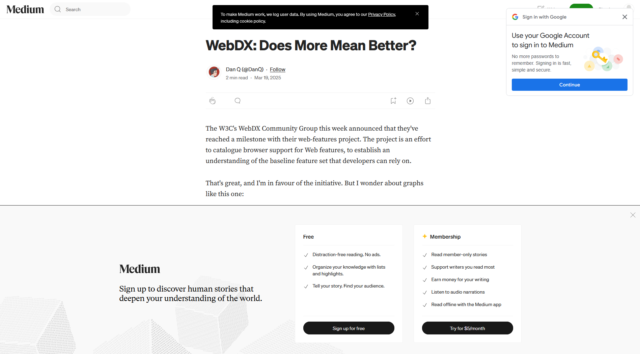 Simulated screenshot of this article but in Medium, with three annoying popups covering much of the content.