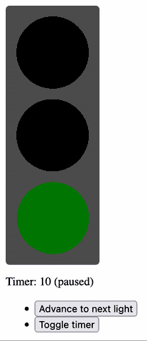 Animated GIF showing traffic lights changing through their phases on-demand or on a toggleable timer.