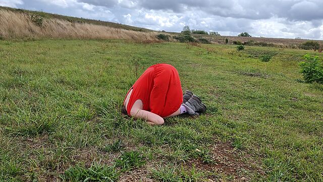 In a grassy field, a girl in a red dress and comfortable boots kneels with her head completely vanished down a rabbit hole.