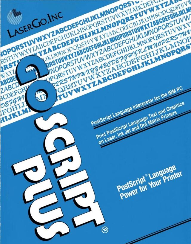 Computer manual cover printed in blue, black, and white. The title 'GoScript Plus' is askew at one angle, and everything else is askew at a right angle to that.