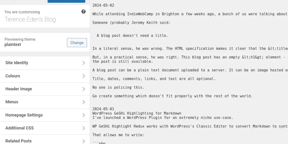 Screenshot showing my blog rendered just as text.
