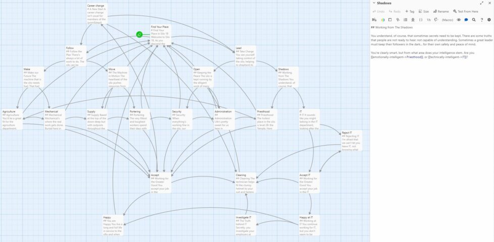 Screenshot showing the Twine 2 IDE, with a story map alongside a scene description.