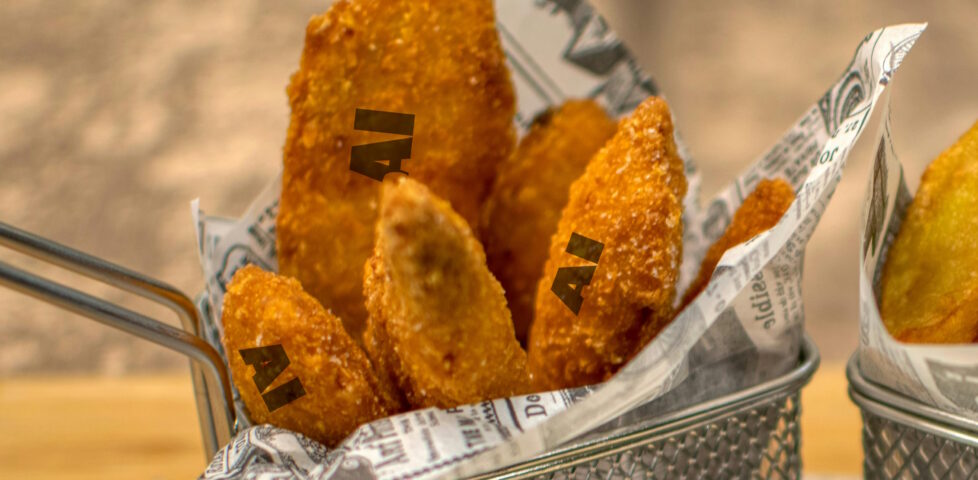 Photo of chicken nuggets with "AI" written on each of them.