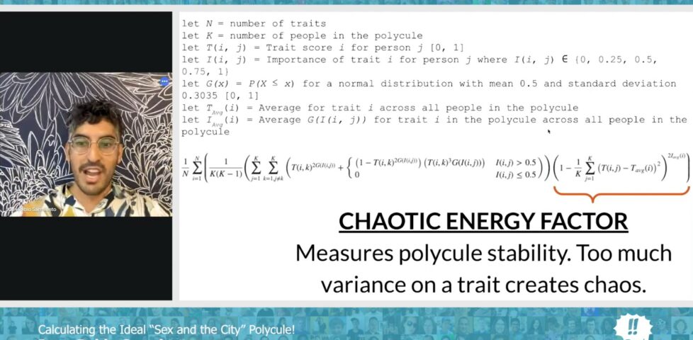 Screengrab of a remotely-delivered conference talk: Juan talks about a complex-looking mathematical formula; a section labelled 'chaotic energy factor' is highlighted.