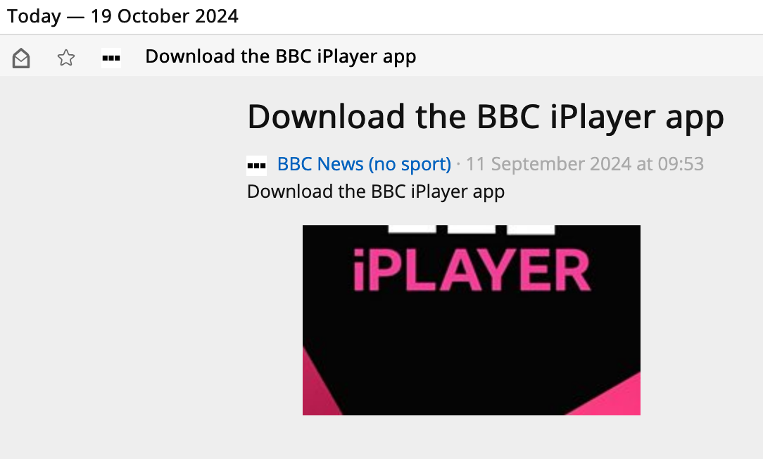 Full image of Screenshot from a web-based RSS reader, showing an item "Download the BBC iPlayer app"