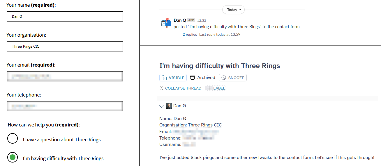 Full image of A filled contact form alongside a Slack message and a resulting ticketing system message.