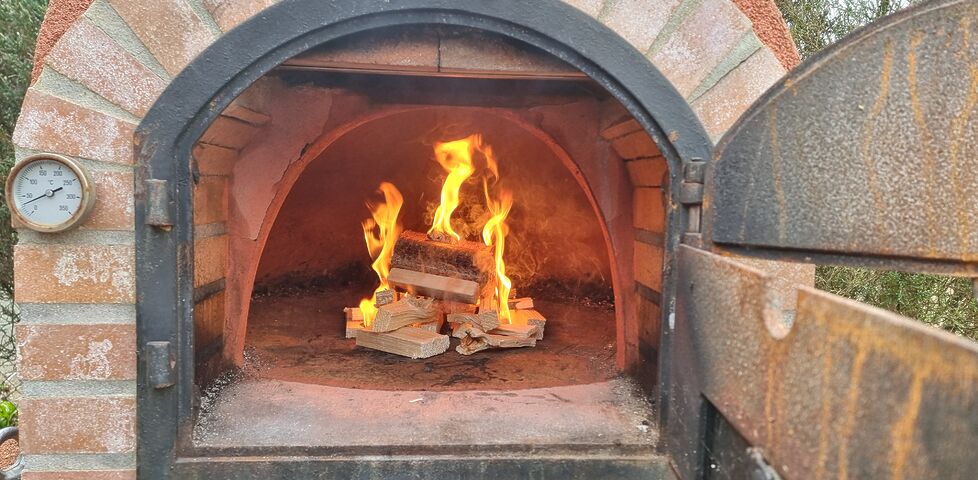 A small wood fire burns inside an outdoor brick pizza oven.