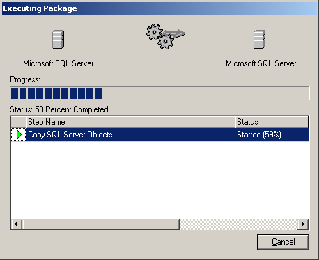 Database copy progress dialog with an animation of an arrow getting mangled by some cogs.