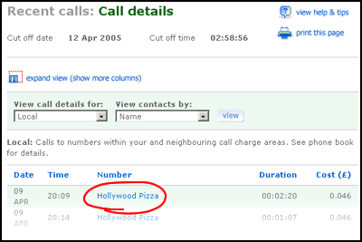 BT phone bill showing duration spent talking to Hollywood Pizza