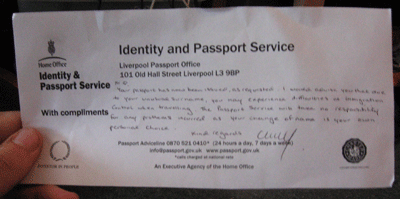 Compliments slip from the passport office