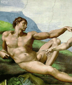 Animated GIF adaptation of Adam in the Garden of Eden in which God is sproinging Adam's penis.