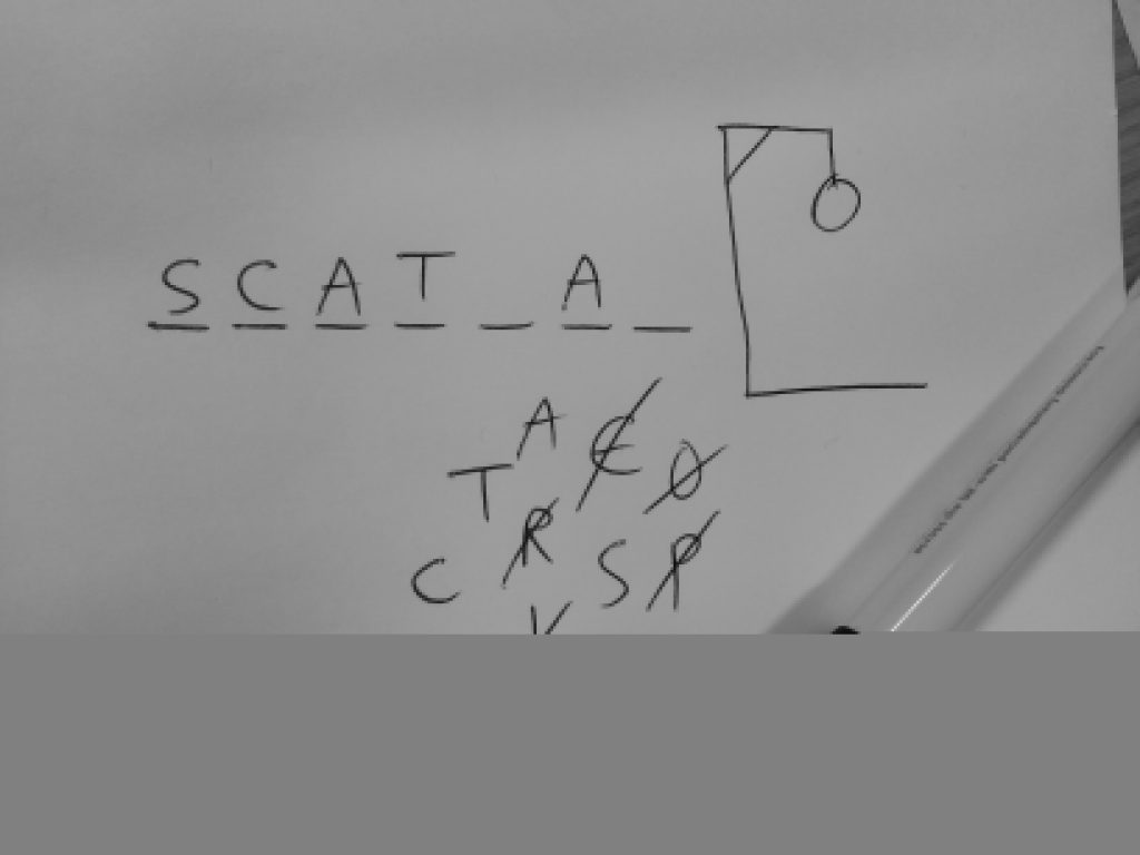 A game of hangman; SCAT_A_, wrong guesses are R, E, O, P, L, H.
