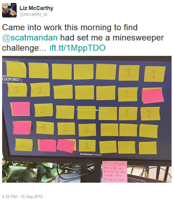 Liz McCarthy tweets about her experience of being given a Post-It Minesweeper game to play.