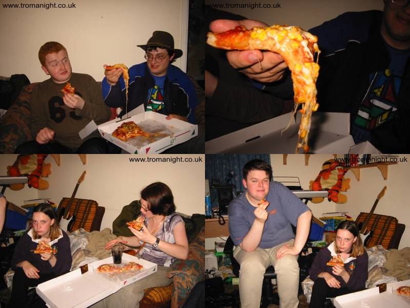 Bryn, Paul, Claire, Liz, and Kit enjoy Hollywood Pizza at Troma Night VI.5.