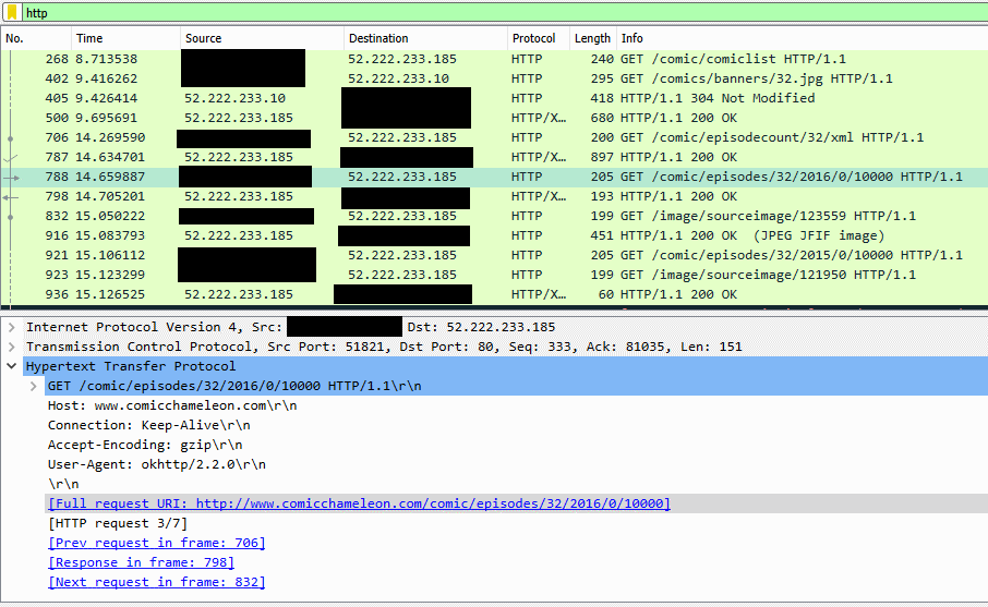 Wireshark output showing Comic Chameleon traffic.