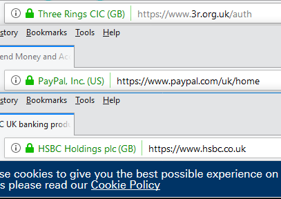 Firefox address bars showing EV certificates of Three Rings CIC (GB), PayPal, Inc. (US), and HSBC Holdings plc (GB)