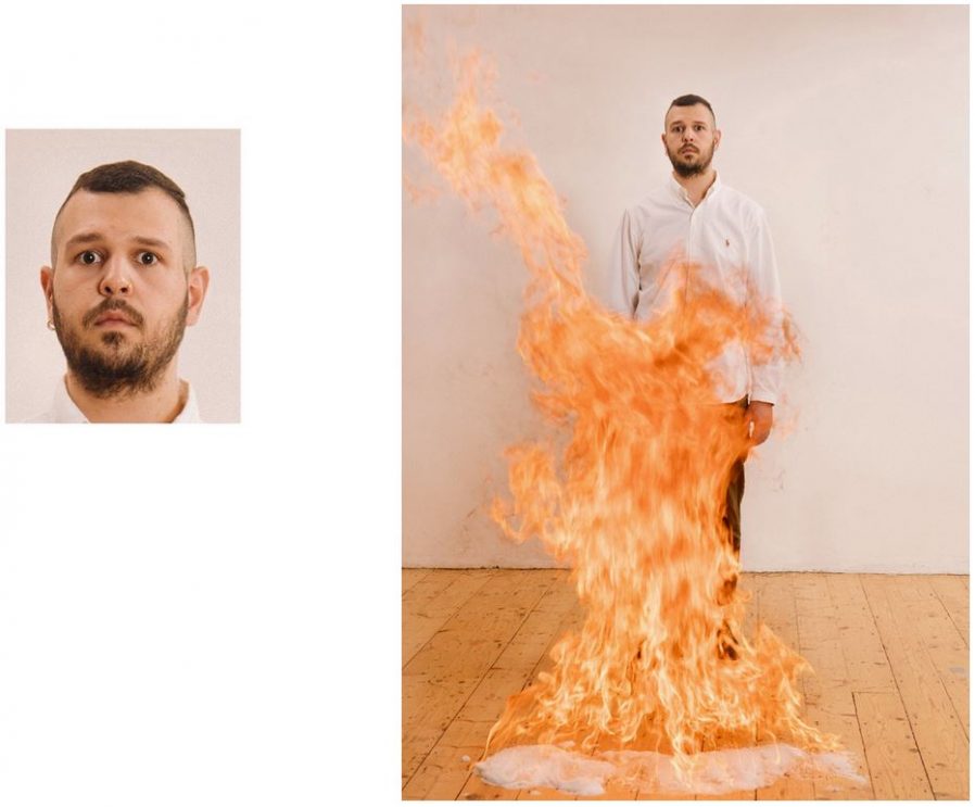 "Passport Photos" photo of a man with a fire next to him.