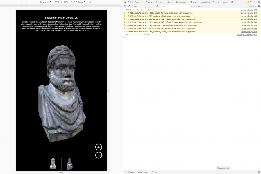 Chrome Dev Tools showing the Sheldonian Bust "Thinking 3D" exhibit