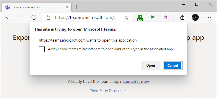 Edge Canary showing an "Always allow [this website] to open links of this type..." checkbox