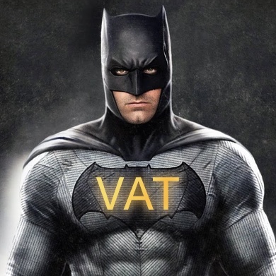Batman, with his costume's logo adapted to be "VAT man".