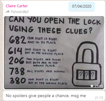 WhatsApp message from Claire, challenging people to solve her puzzle.