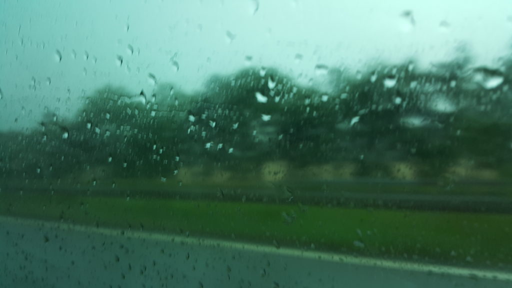 Rain in Lanark, seen through a car window