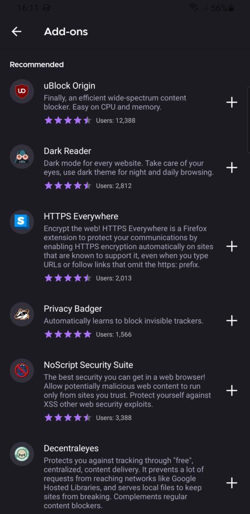 Firefox Daylight's recommended add-ons list