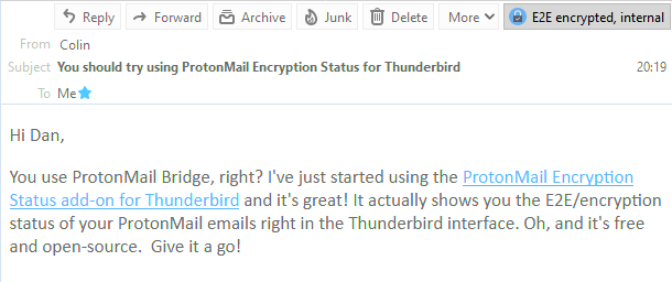 Encrypted email identified in Thunderbird having gone through ProtonMail Bridge