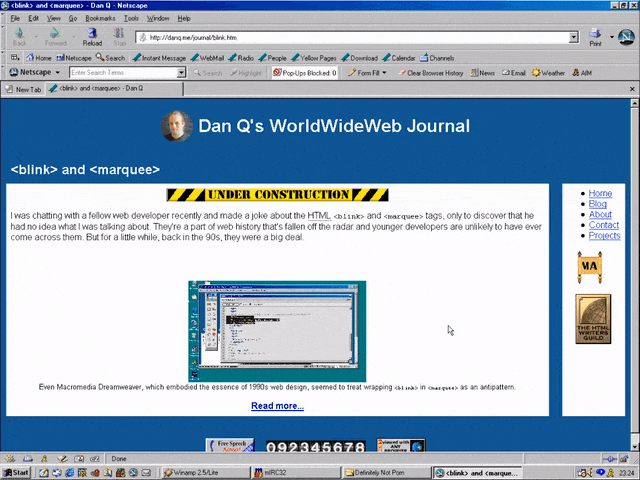 Netscape 7 showing text that both blinks and marquee-scrolls.
